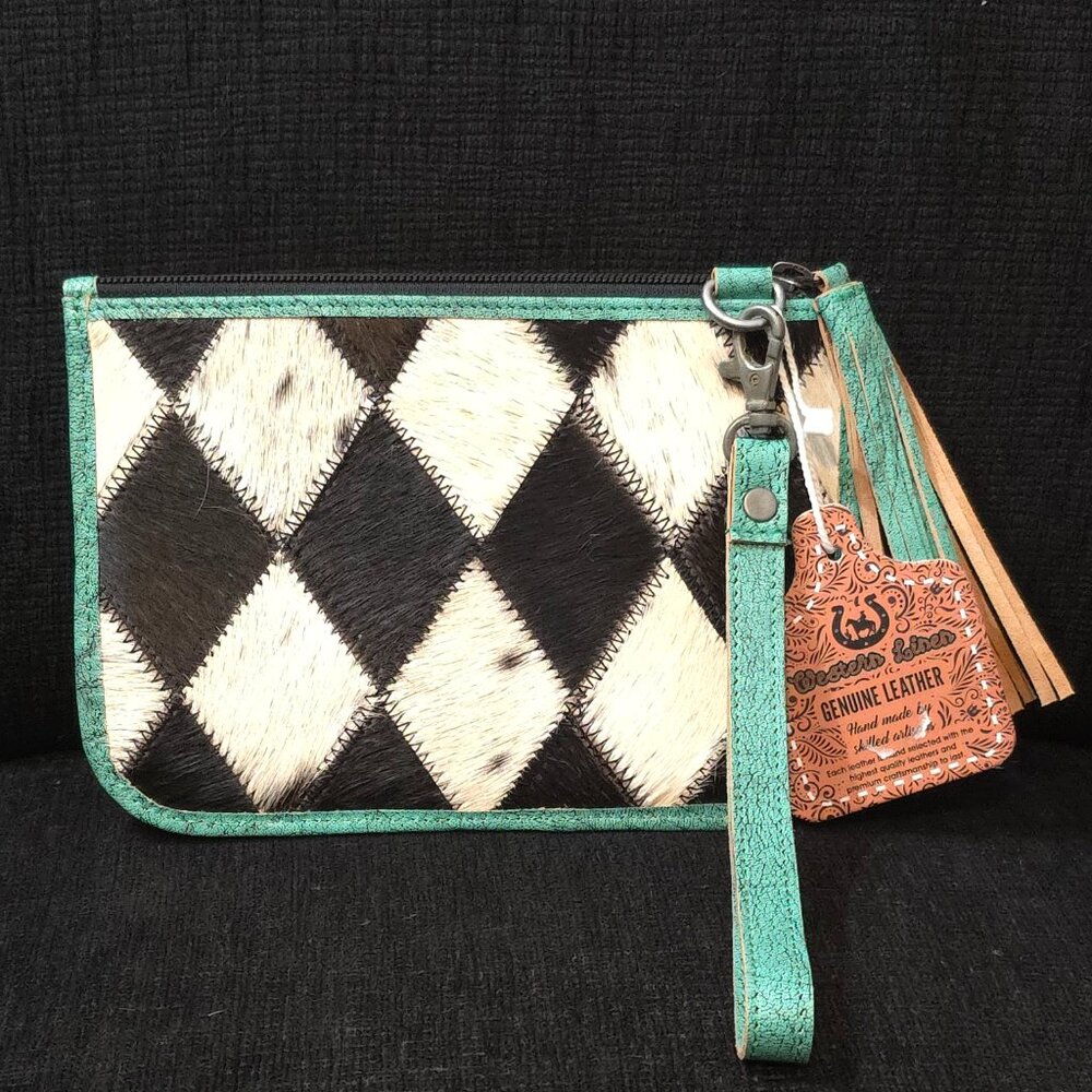 Diamond Pattern Hair on Cowhide Turquoise Trim Leather Wristlet Clutch